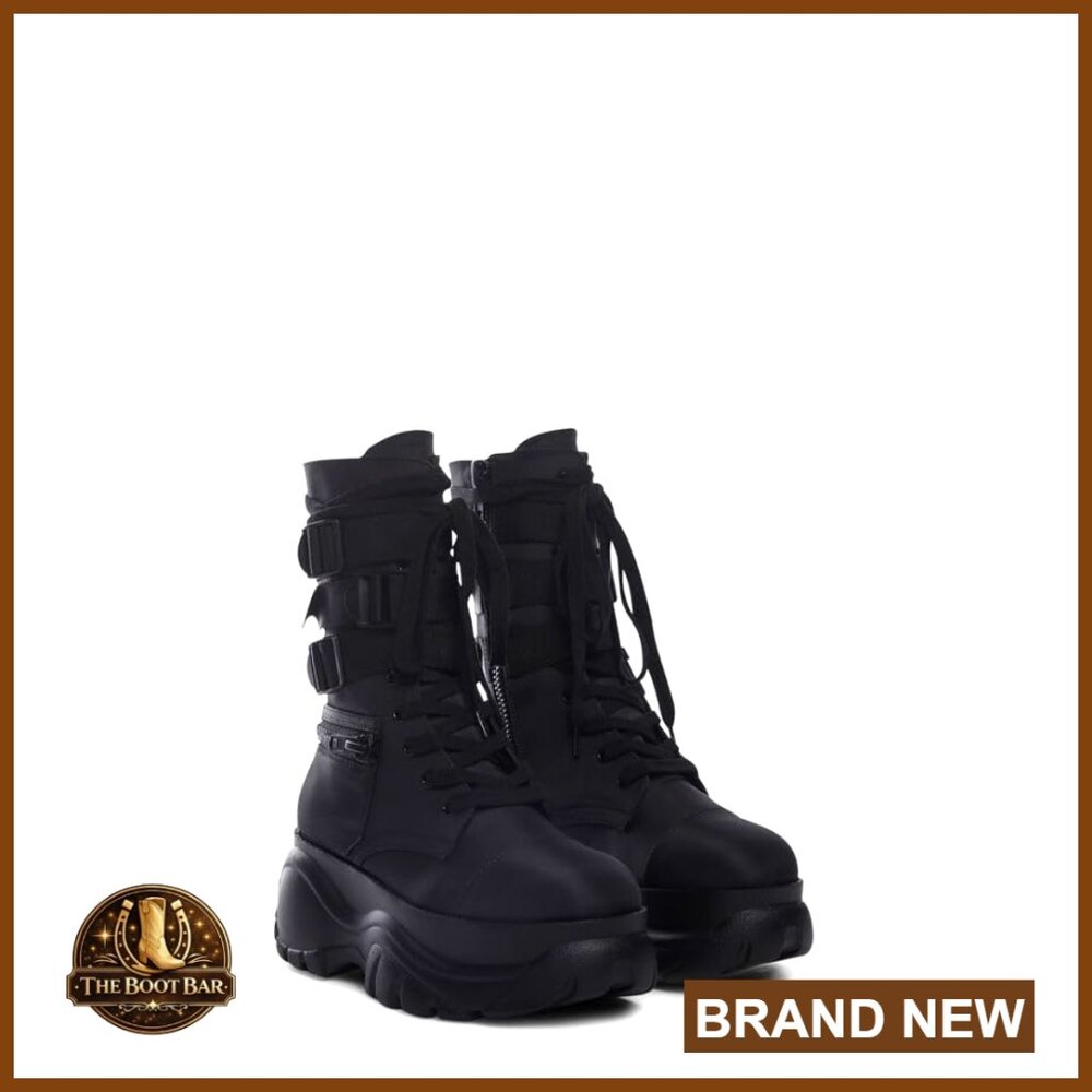 Chunky Platform Combat Boots With Zipper Pockets Buckled Straps Adjustable